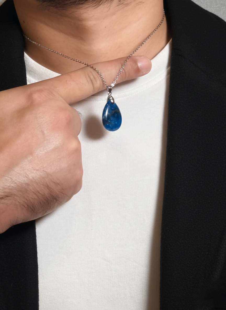 Blue Aventurine Teardrop Pendant Men’s Necklace – Natural Stone Pendant Necklace