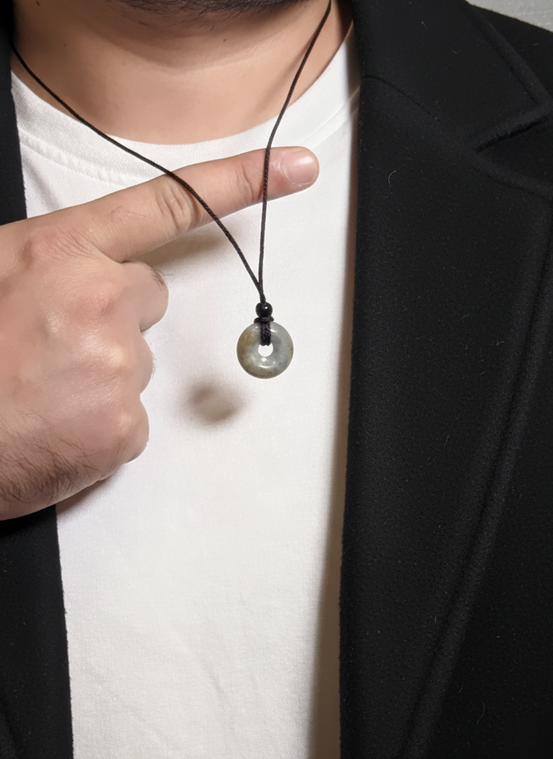 Labradorite Donut Pendant Men’s Necklace – Blue-Grey Natural Stone with Black Cord