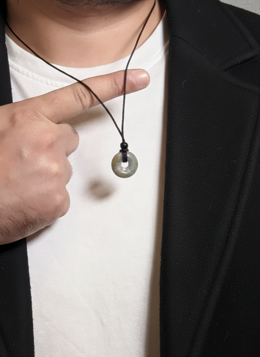 Labradorite Donut Pendant Men’s Necklace – Blue-Grey Natural Stone with Black Cord
