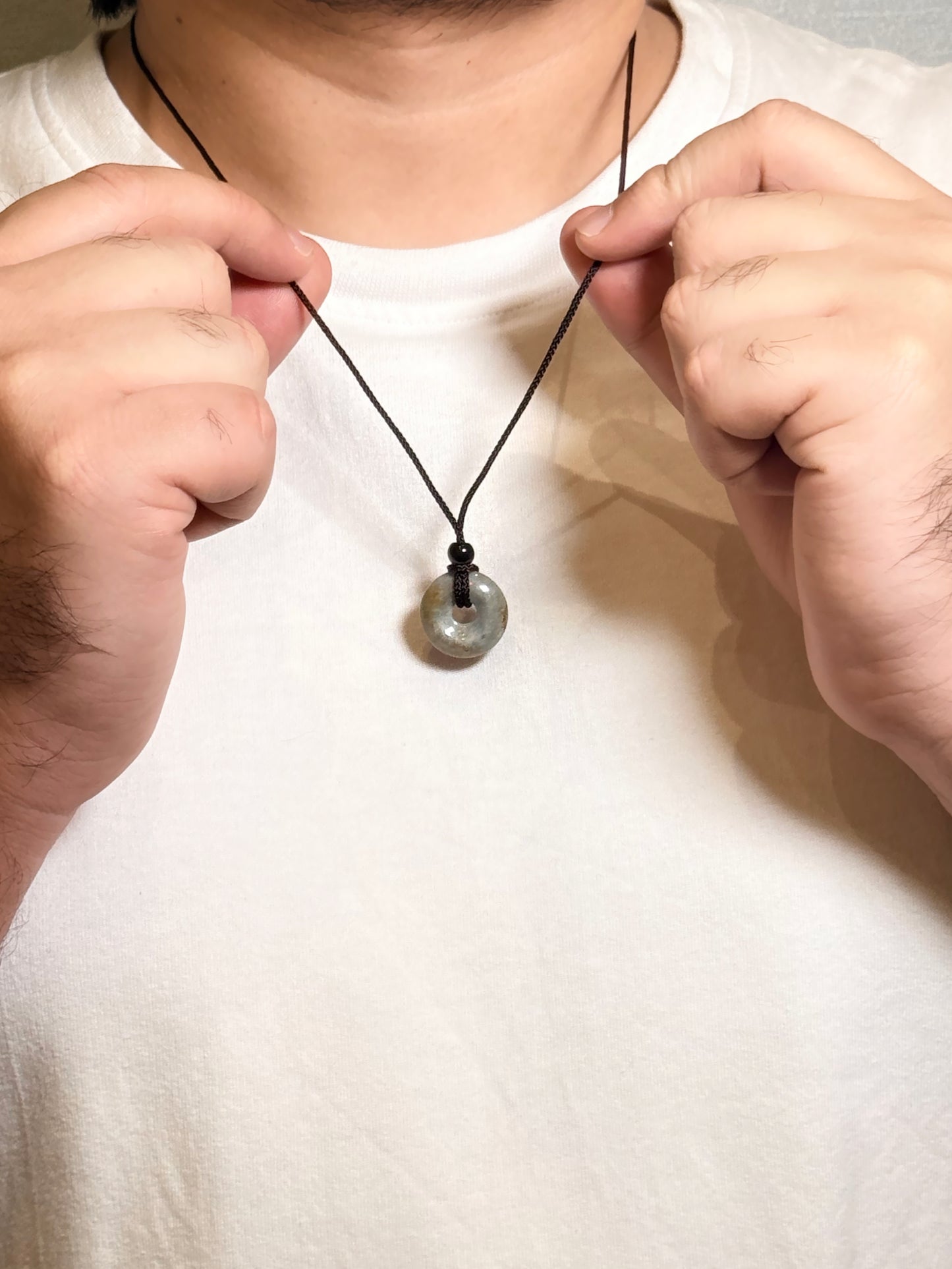 Labradorite Donut Pendant Men’s Necklace – Blue-Grey Natural Stone with Black Cord