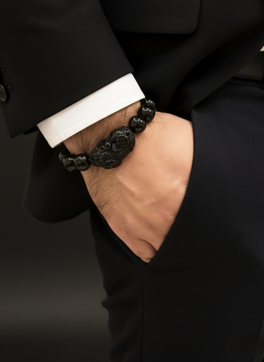 Close-up of a hand wearing a black beaded bracelet with a dark suit background