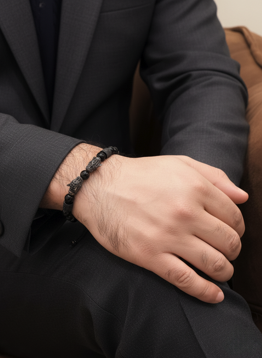 Lava Stone & Black Onyx Beaded Bracelet with Dark Metal Accents – Unisex Design