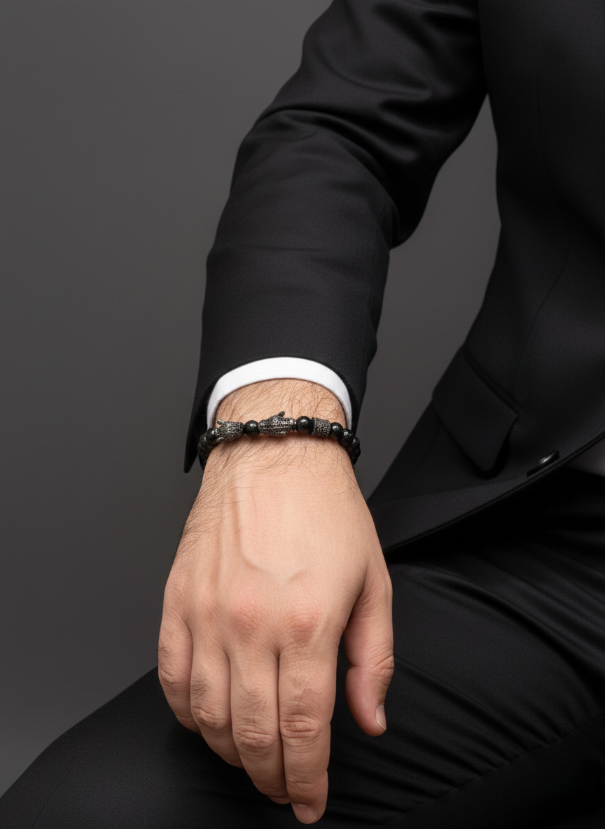 Lava Stone & Black Onyx Beaded Bracelet with Dark Metal Accents – Unisex Design