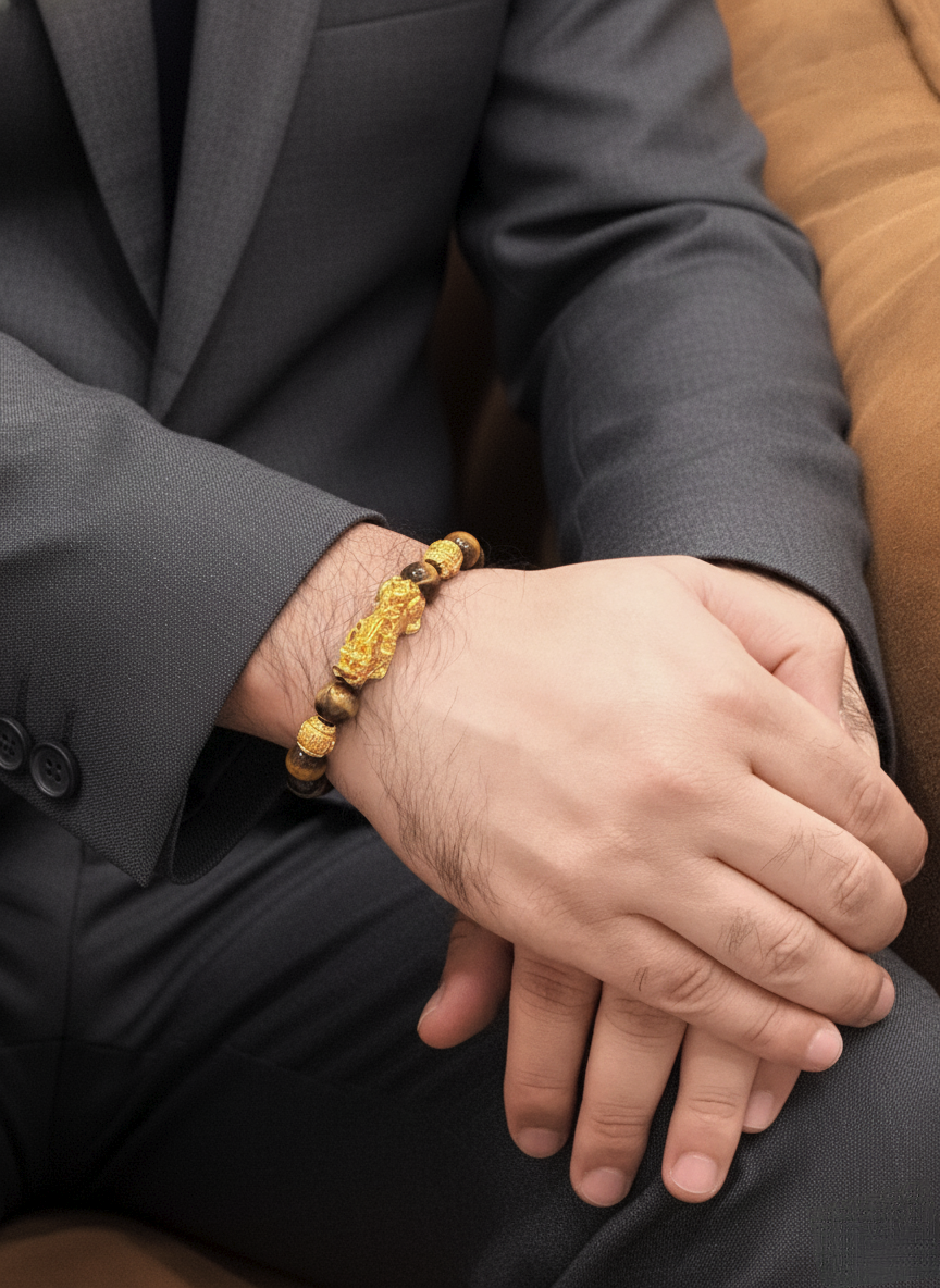 Person wearing a gold bracelet with a dark suit and brown leather chair.