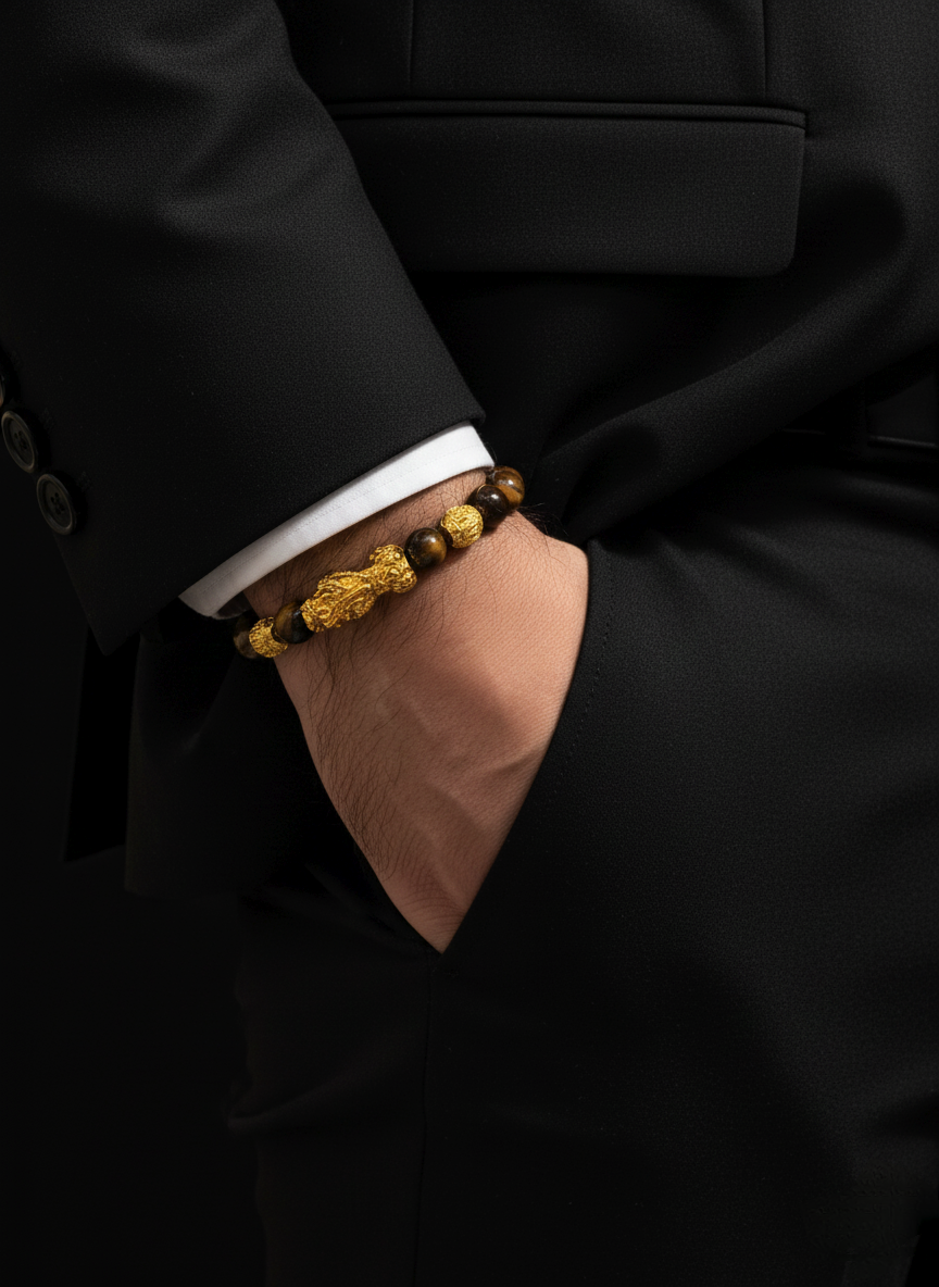 Hand wearing a gold beaded bracelet with a black suit background
