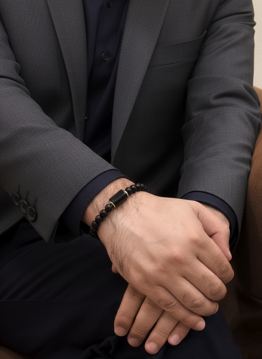 Black Onyx Beaded Bracelet with Rectangular Center – Unisex