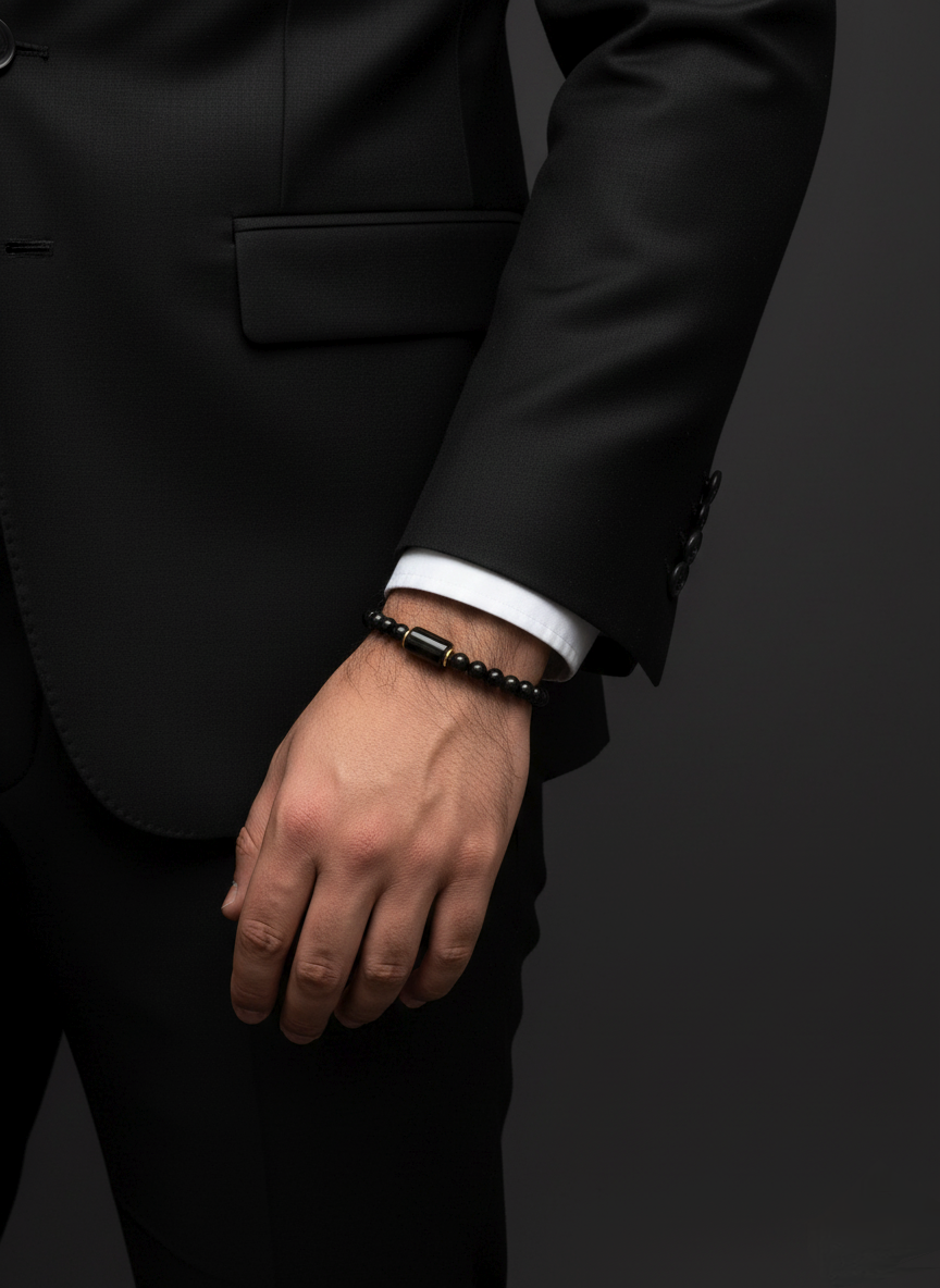 Black Onyx Beaded Bracelet with Rectangular Center – Unisex