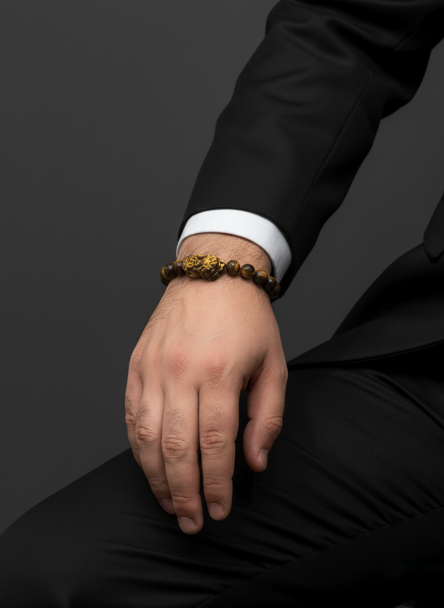 Tiger Eye Beaded Bracelet with Gold Pixiu Charm – Unisex