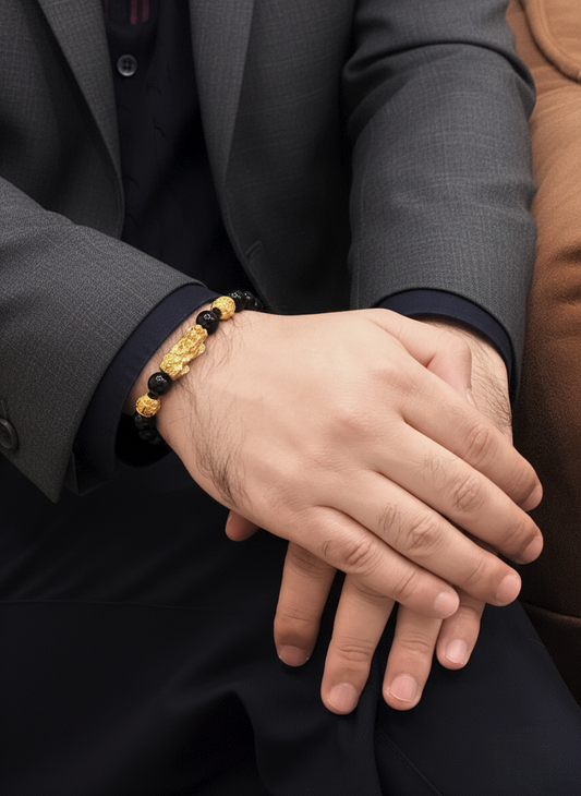 Black Onyx & Lava Stone Bracelet with Gold Dragon Charm – Unisex