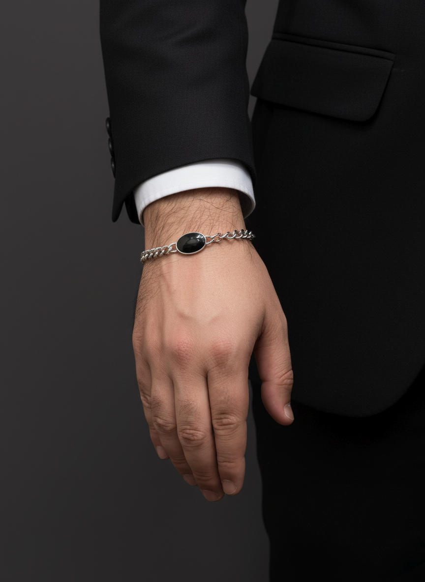 Silver-Tone Chain Bracelet with Black Onyx – Unisex