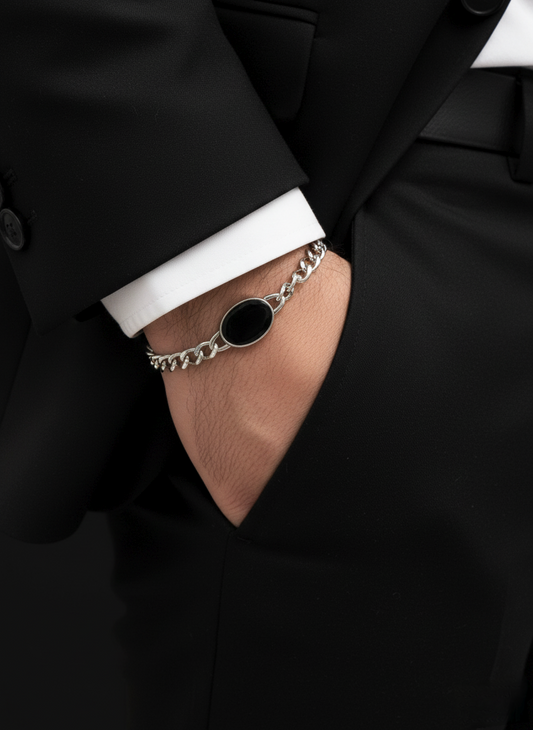 Silver-Tone Chain Bracelet with Black Onyx – Unisex