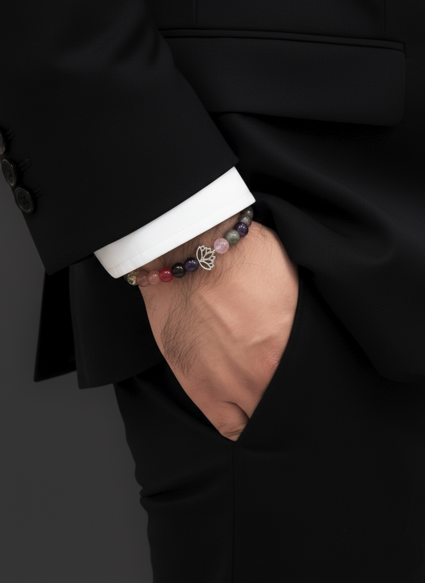 Multi-Stone Beaded Bracelet with Lotus Charm – Unisex Design
