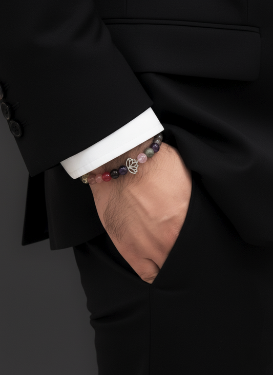 Multi-Stone Beaded Bracelet with Lotus Charm – Unisex Design