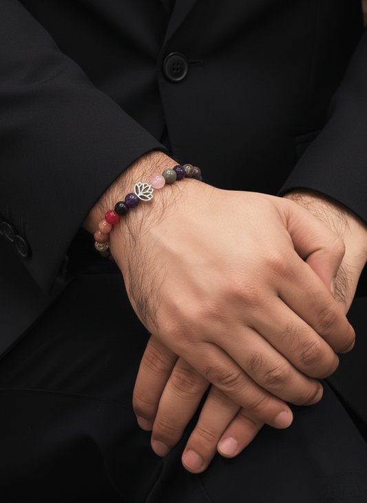 Multi-Stone Beaded Bracelet with Lotus Charm – Unisex Design