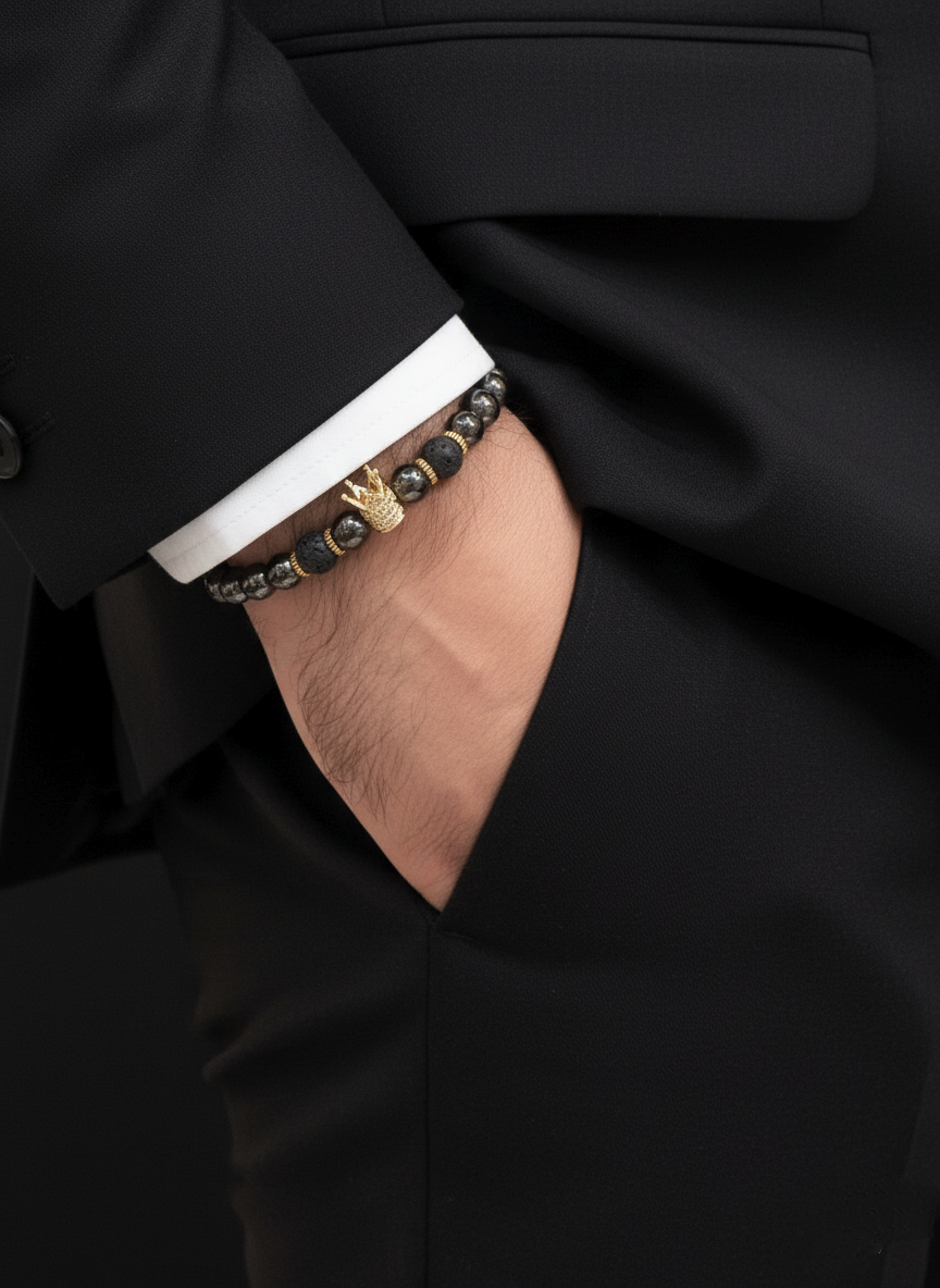 Lava Stone & Hematite Bracelet with Gold Crown Accent – Unisex Style