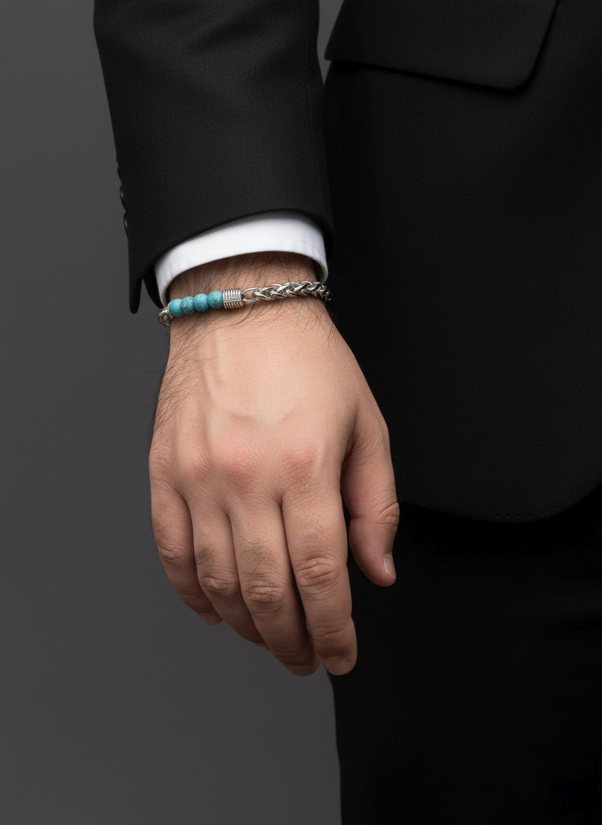Turquoise Bead & Silver Chain Bracelet – Minimal Unisex Design