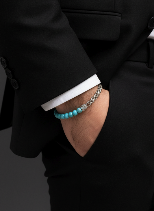 Turquoise Bead & Silver Chain Bracelet – Minimal Unisex Design