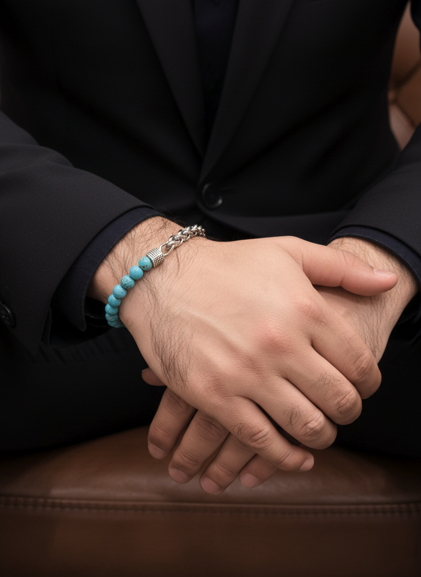 Turquoise Bead & Silver Chain Bracelet – Minimal Unisex Design