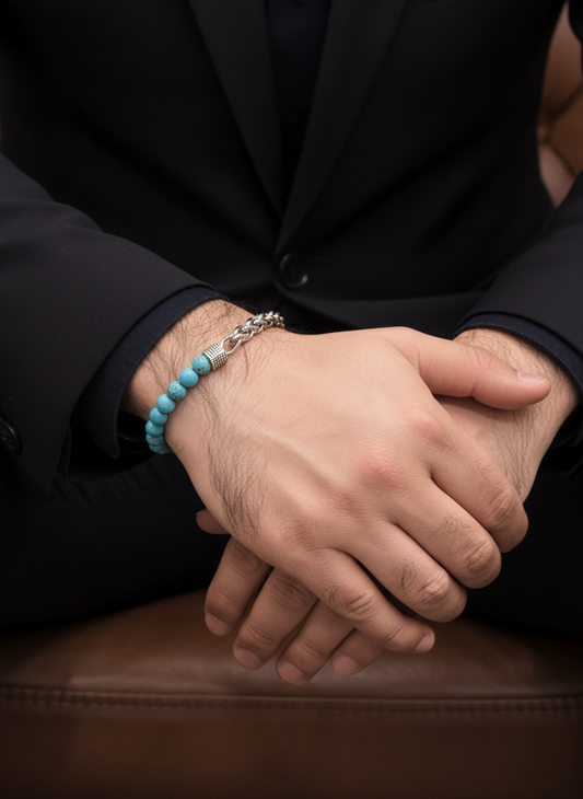 Turquoise Bead & Silver Chain Bracelet – Minimal Unisex Design