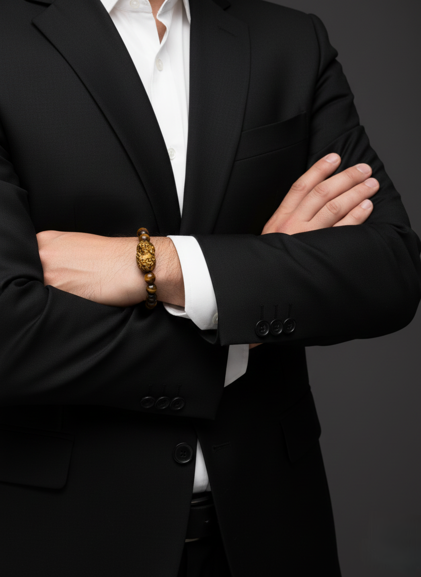 Tiger Eye Beaded Bracelet with Gold Pixiu Charm – Unisex