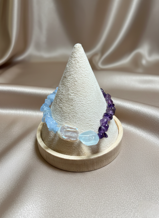 Aquamarine, Amethyst & Pearl Chip Bracelet – Soft Contrast Design