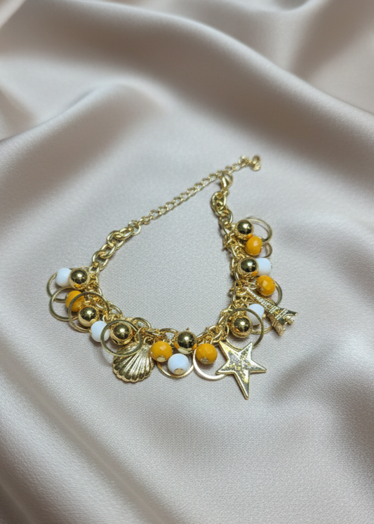 Yellow & White Beaded Gold-Tone Charm Bracelet with Star & Shell Details