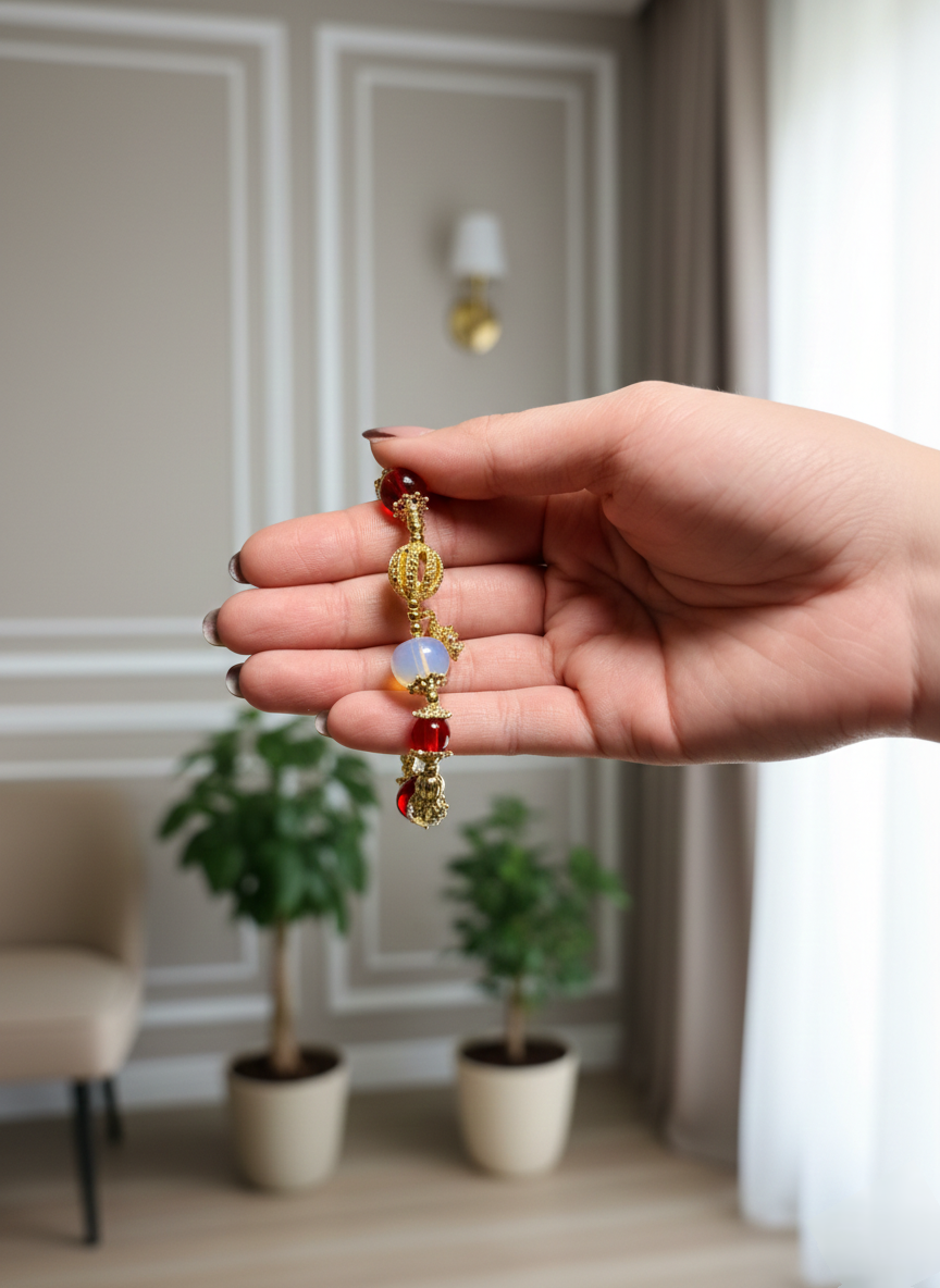 Hand holding a small decorative item with beads against a blurred indoor background