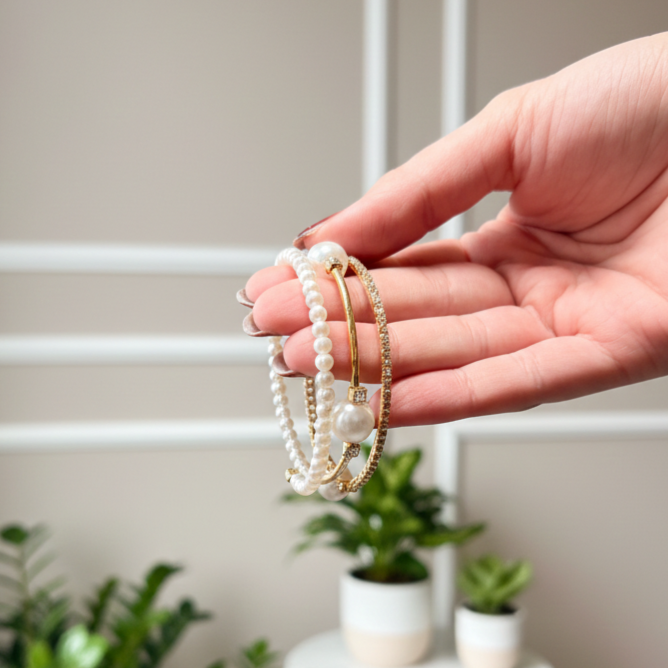 Freshwater Pearl & Cubic Zirconia Layered Bracelet – Gold-Tone Design