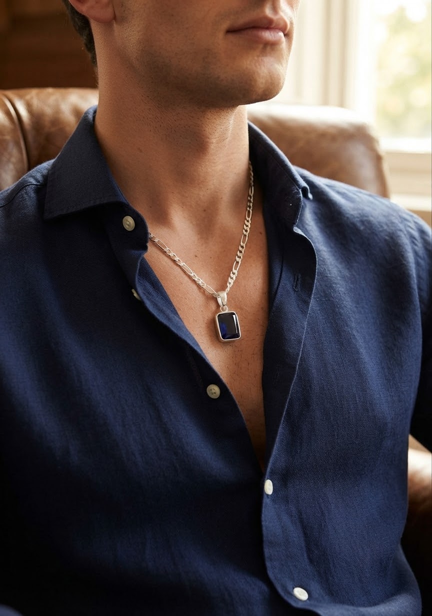 Midnight Sovereign Blue Sapphire Men’s Necklace – 925 Sterling Silver
