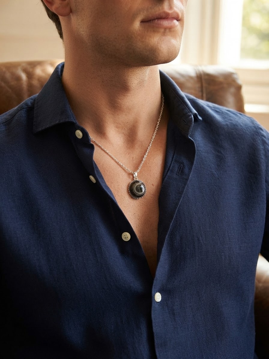 Obsidian Halo Aqeeq Men’s Necklace – 925 Sterling Silver