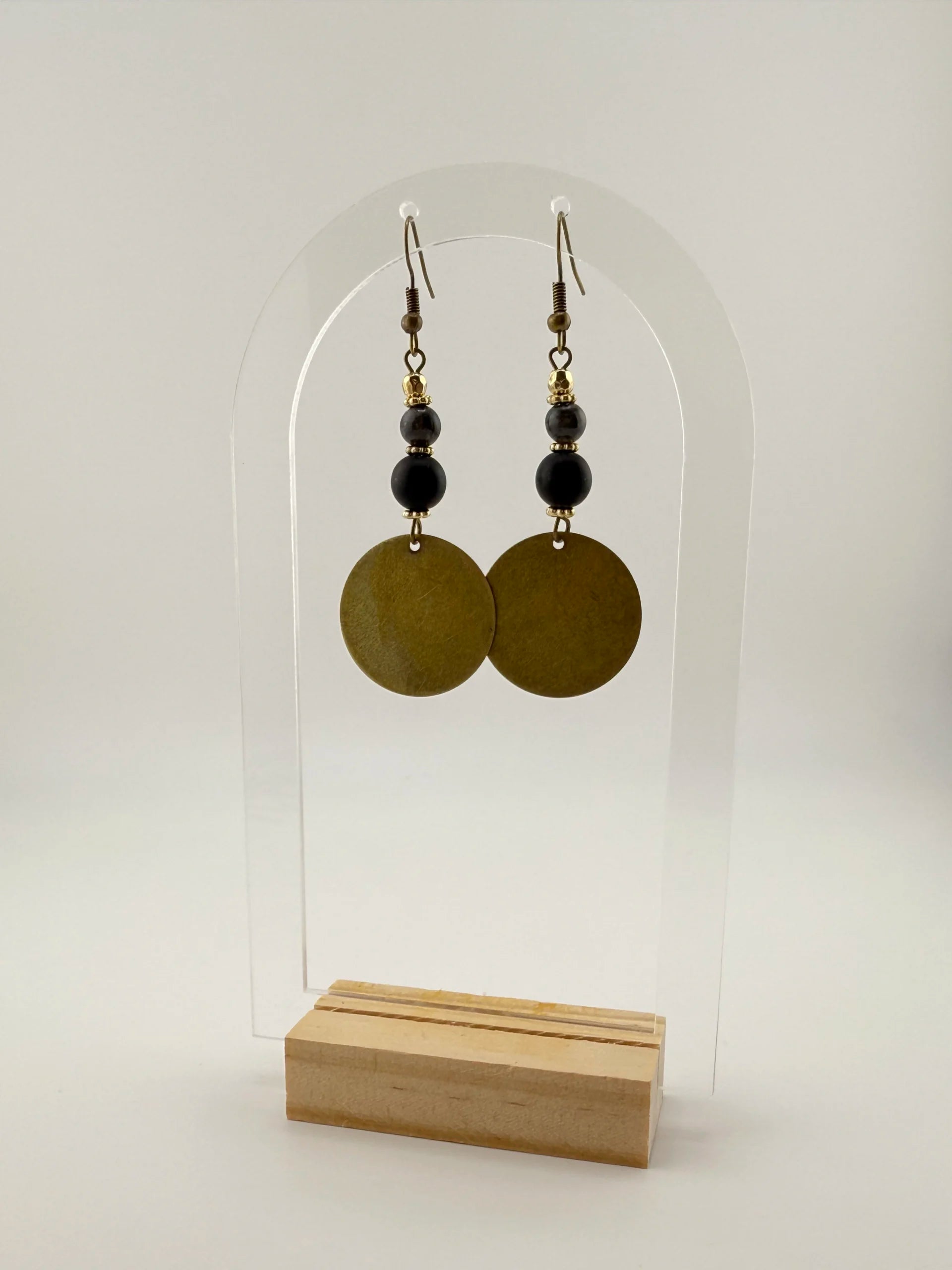 Brass & Black Onyx Dangle Earrings - Shadow Disc