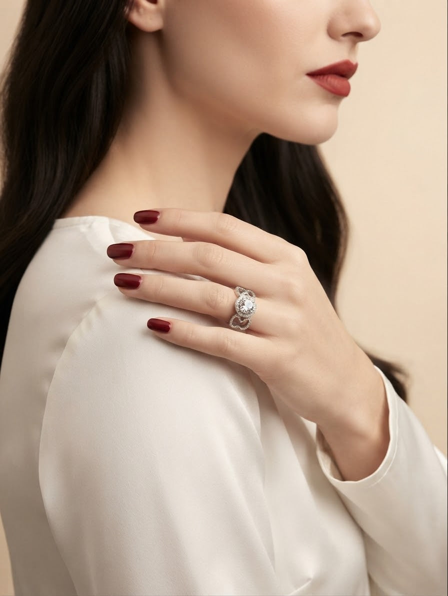 A close-up lifestyle shot of a woman wearing a silver ring with a clear round-cut gemstone on her finger, set against a soft beige background and a white satin blouse.
