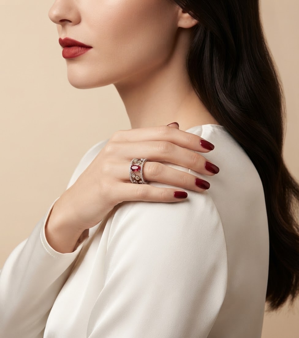 A close-up lifestyle shot of a woman wearing a silver ring with pink gemstones on her finger, dressed in a white satin top against a warm beige background.
