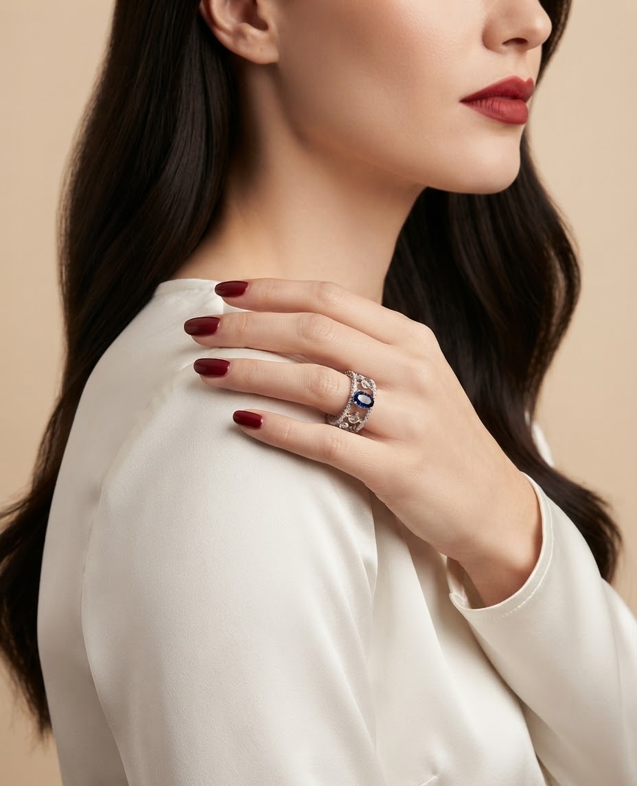 A close-up lifestyle shot of a model wearing a silver ring with a dark blue oval gemstone and small clear stones, paired with a white satin blouse and dark red nail polish.