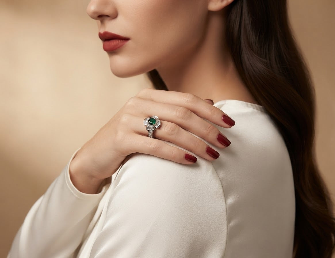 A close-up lifestyle shot of a woman wearing a silver ring with a green heart-shaped gemstone and small clear stones, shown on her hand resting on her shoulder.