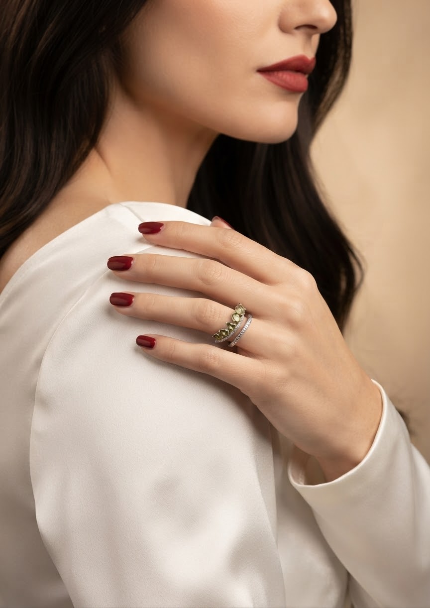A close-up lifestyle shot of a woman wearing a silver ring with a textured green band, styled with dark red nail polish and a white satin top against a soft beige background.