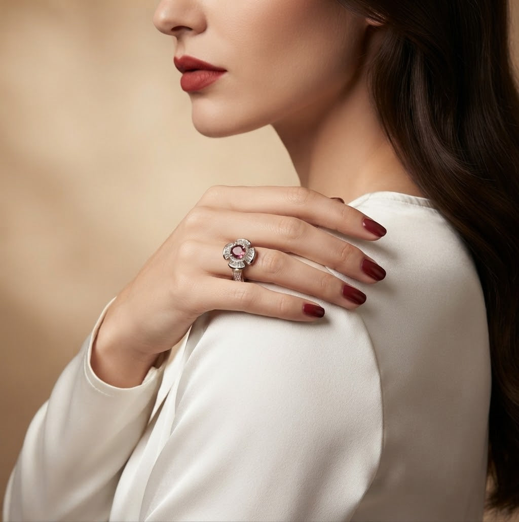 A close-up lifestyle shot of a woman wearing a distinctive flower-shaped ring with a pinkish-red center stone and clear surrounding stones on her hand, set against a warm beige background.