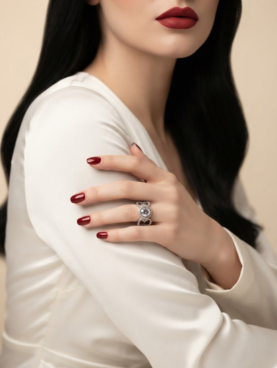 A close-up of a woman wearing a silver ring with a clear central gemstone, styled with dark red nail polish and a white satin top against a warm beige background.