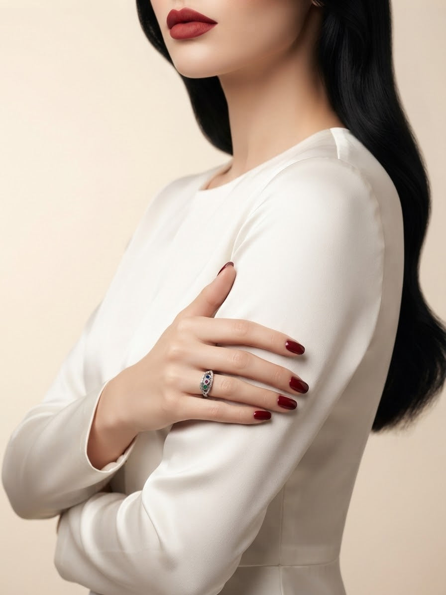 A close-up of a woman wearing a silver band ring with a dark marquise-cut gemstone, styled with a white long-sleeve top and dark red nail polish against a warm beige background.
