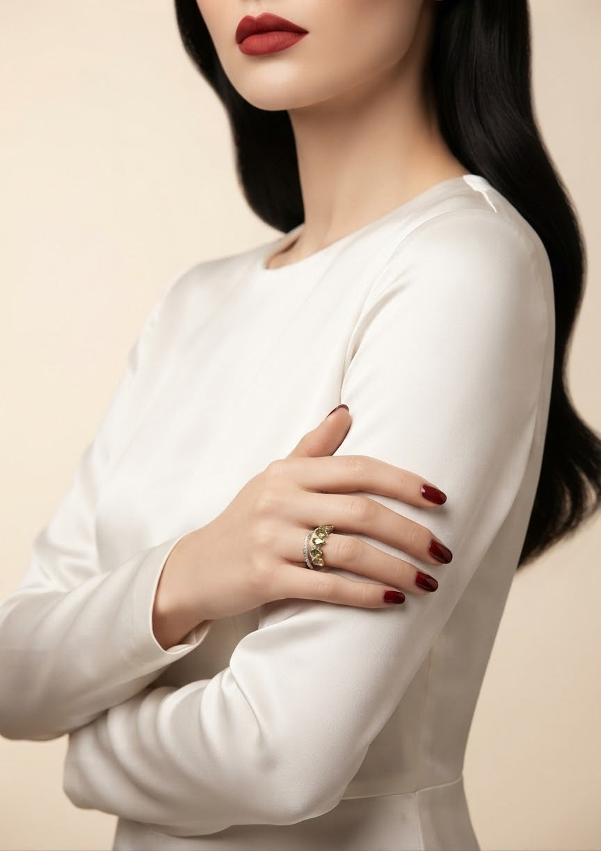 A close-up of a woman wearing a white long-sleeve top and a gold ring with dark red nail polish, set against a solid beige background.