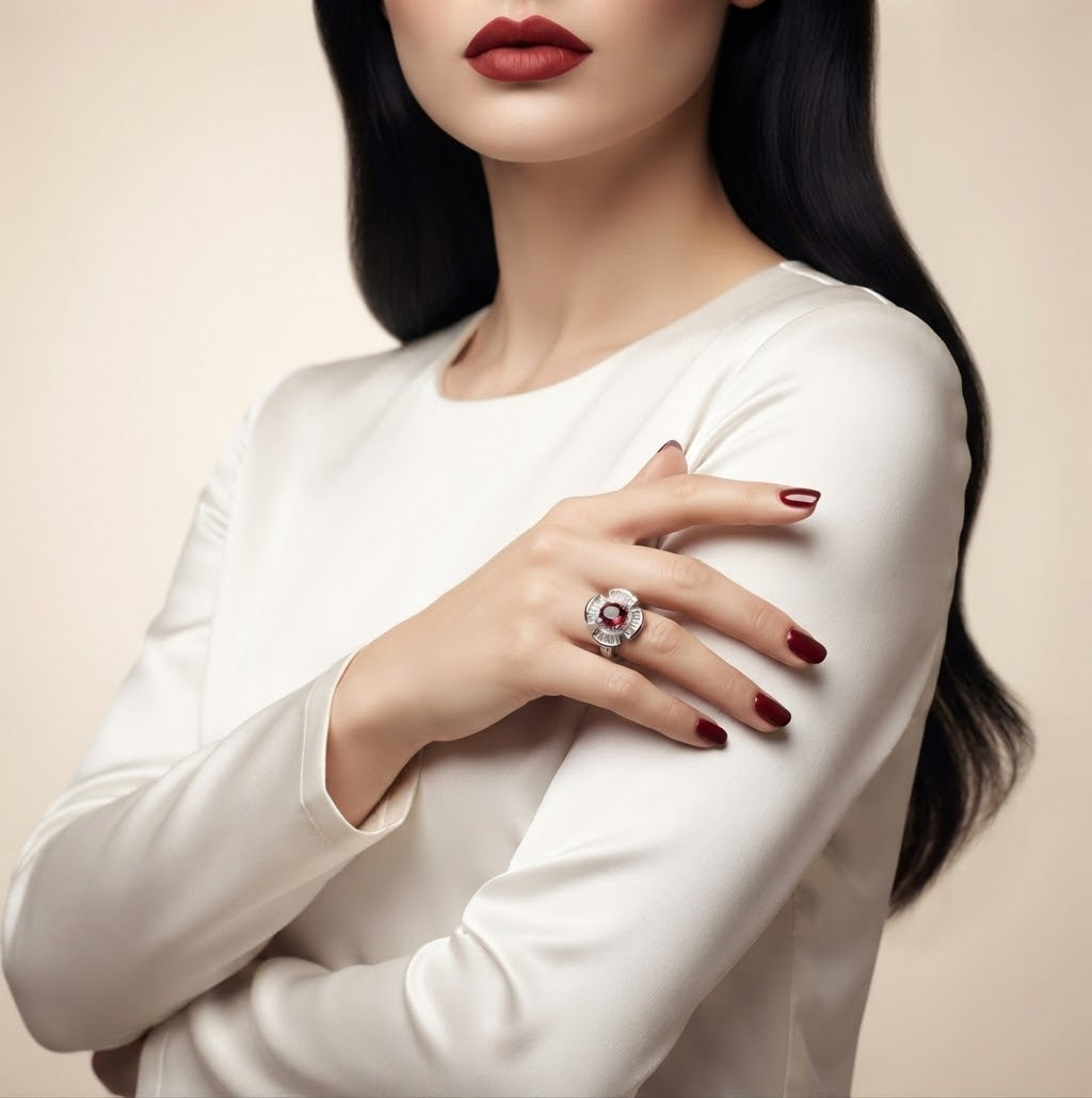 A close-up of a woman wearing a white satin long-sleeve top, showcasing a statement ring on her hand. The ring features a large oval red gemstone surrounded by a halo of sparkling clear stones.