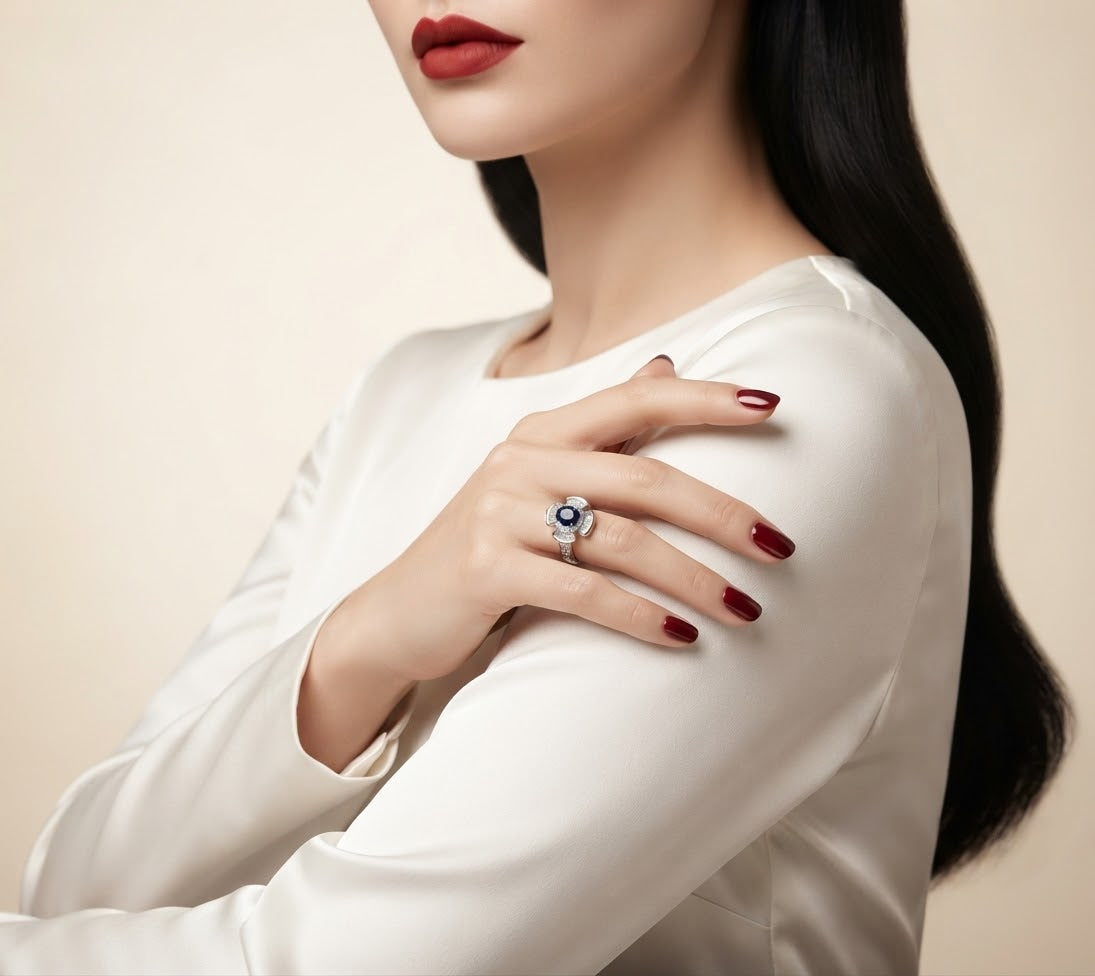 A close-up lifestyle shot of a model wearing a silver ring with a blue and white floral design on her finger, dressed in a white satin top against a soft beige background.