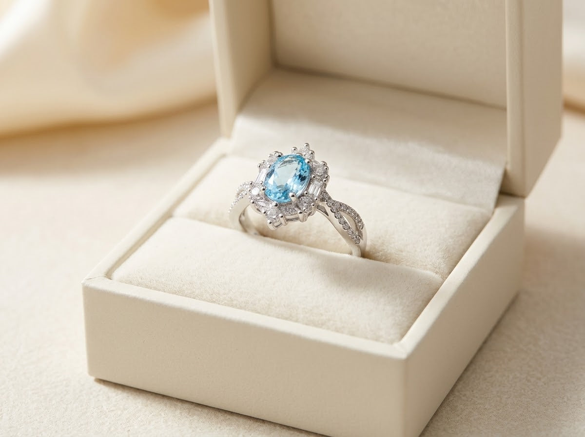A silver ring with a round light blue gemstone and small clear accent stones, displayed in an open cream-colored jewelry box.