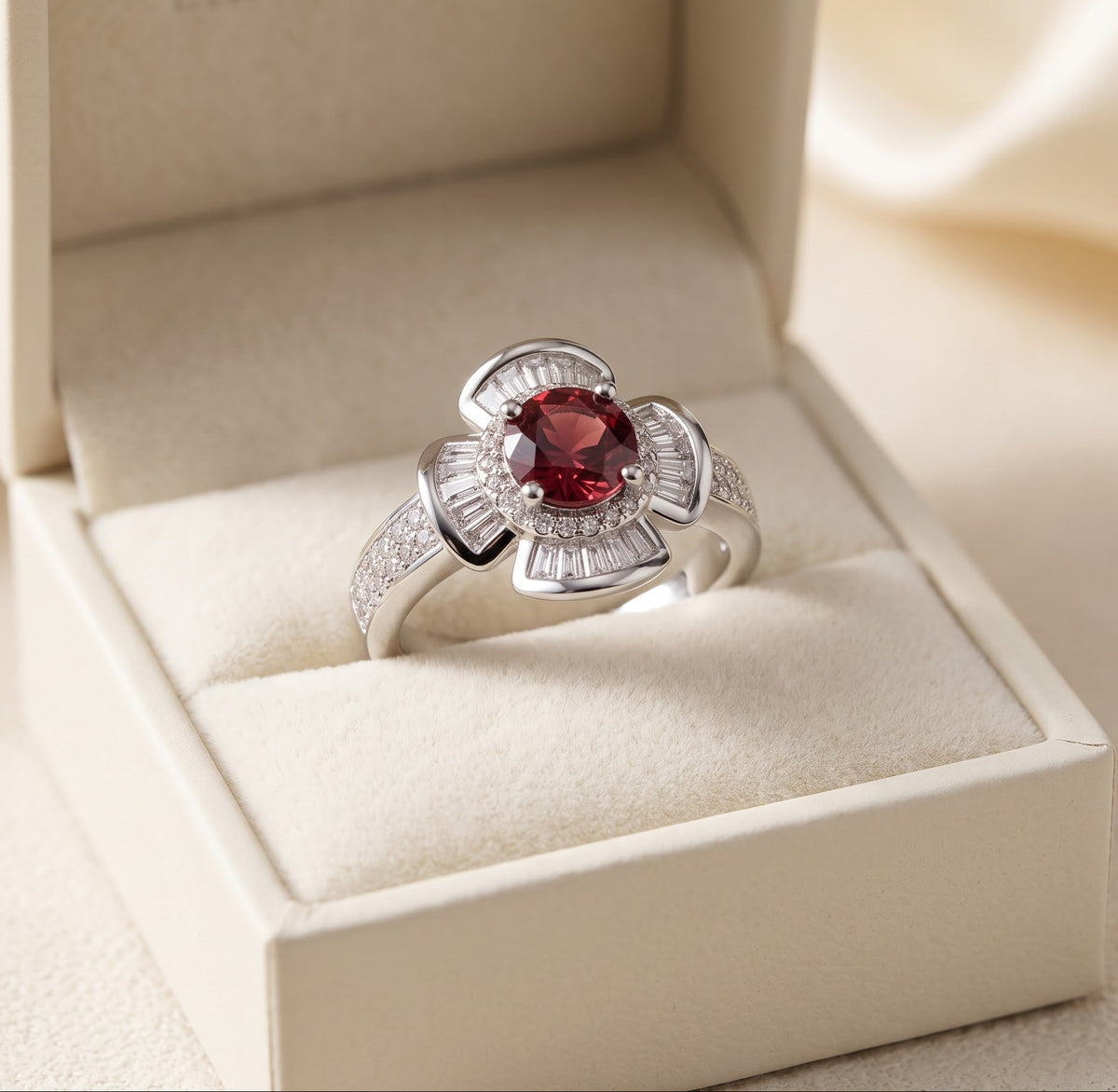A silver ring with a central round red gemstone and decorative side details, displayed in an open cream-colored jewelry box.