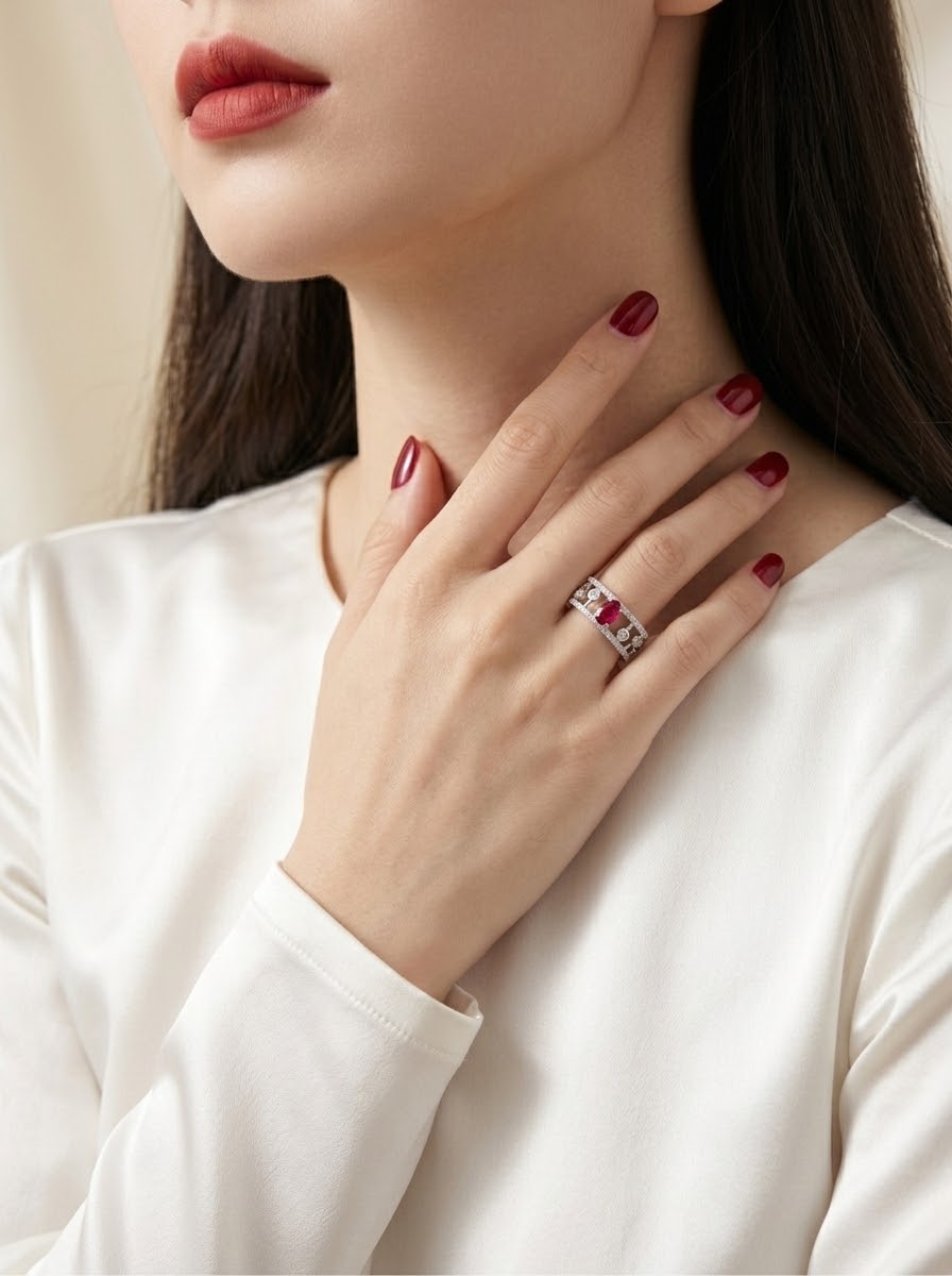 A close-up lifestyle shot of a model wearing a silver ring with a central red gemstone on her finger, paired with a white long-sleeve top and dark red nail polish.