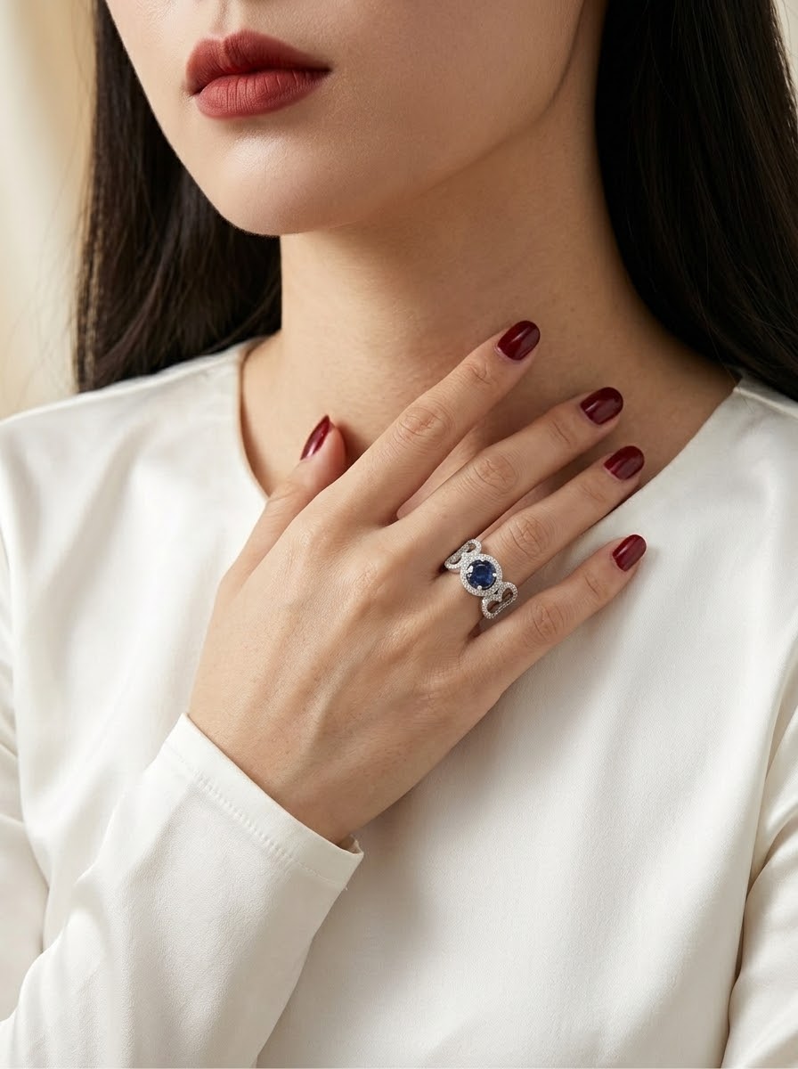 A close-up lifestyle shot of a woman wearing a silver ring with a blue oval gemstone, resting her hand on her chest. She is wearing a white satin long-sleeve top and has dark red manicured nails.