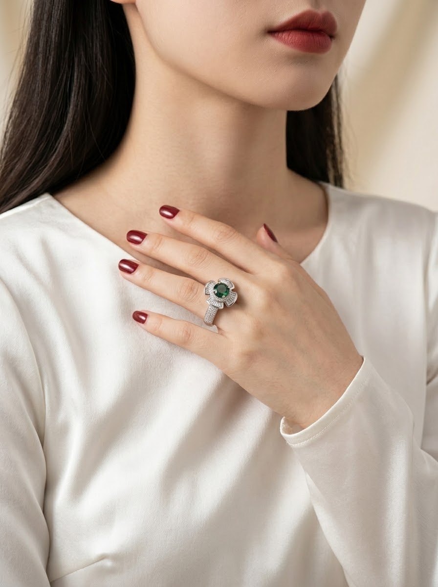 A close-up of a woman wearing a silver ring with a green heart-shaped gemstone, resting her hand on her chest. She is wearing a white satin long-sleeve top.