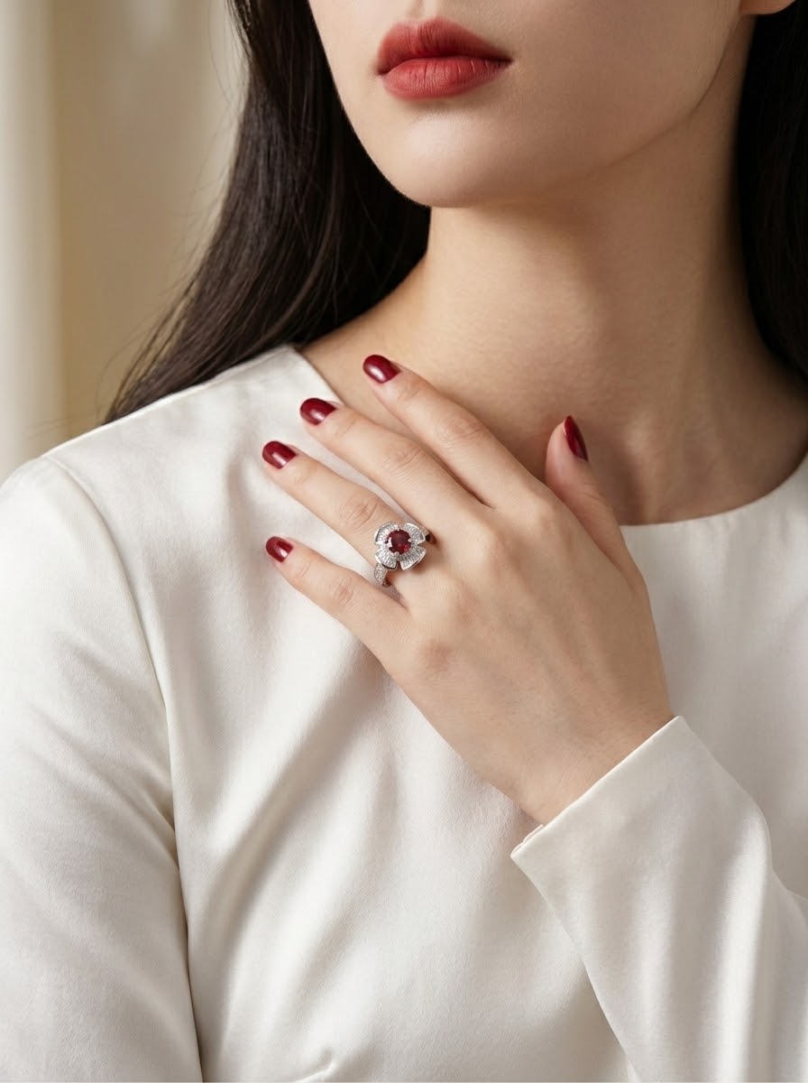 A close-up of a woman wearing a silver ring with a red gemstone, resting her hand on her chest. She is wearing a white long-sleeve top and has dark red nail polish.