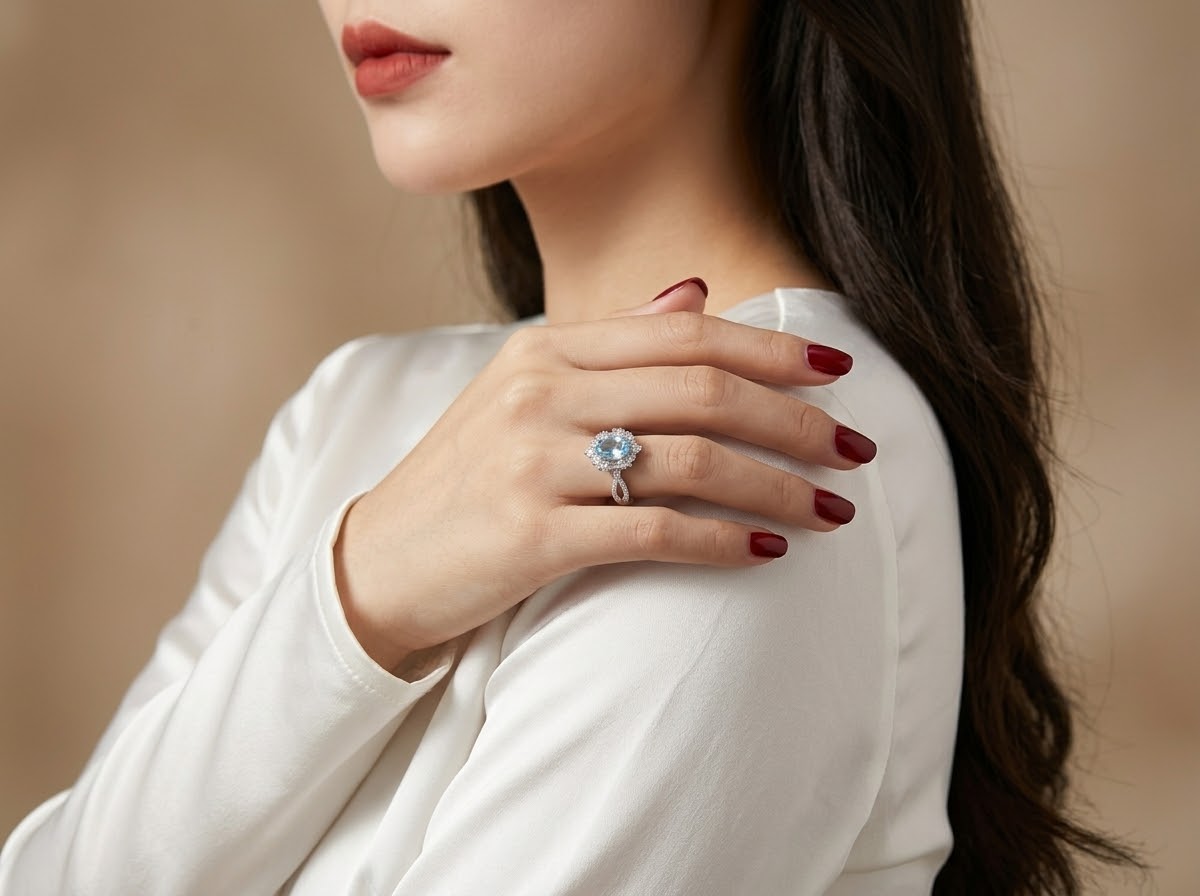 A close-up lifestyle shot of a woman wearing a silver ring with a round light blue gemstone on her finger, resting her hand on her shoulder against a soft beige background.