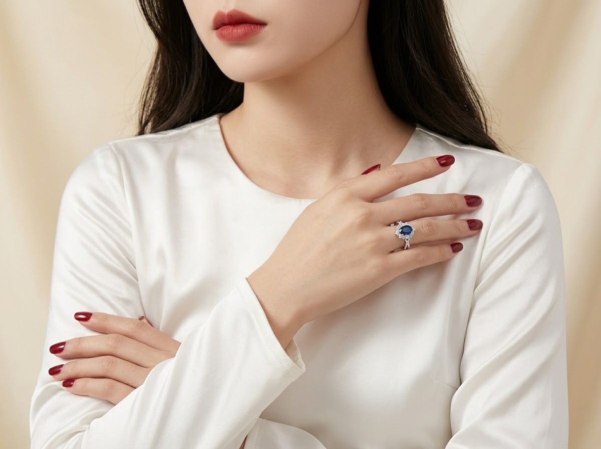 A close-up of a woman wearing a white long-sleeve top, showcasing a silver ring with a round blue gemstone on her finger. She has dark hair and dark red manicured nails, posed against a soft beige background.